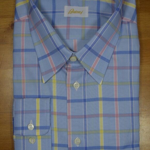 $950 NEW BRIONI DRESS SHIRT BLUE SALMON PINK PLAID CHECK HAND MADE XL 43 17 - Picture 2 of 11